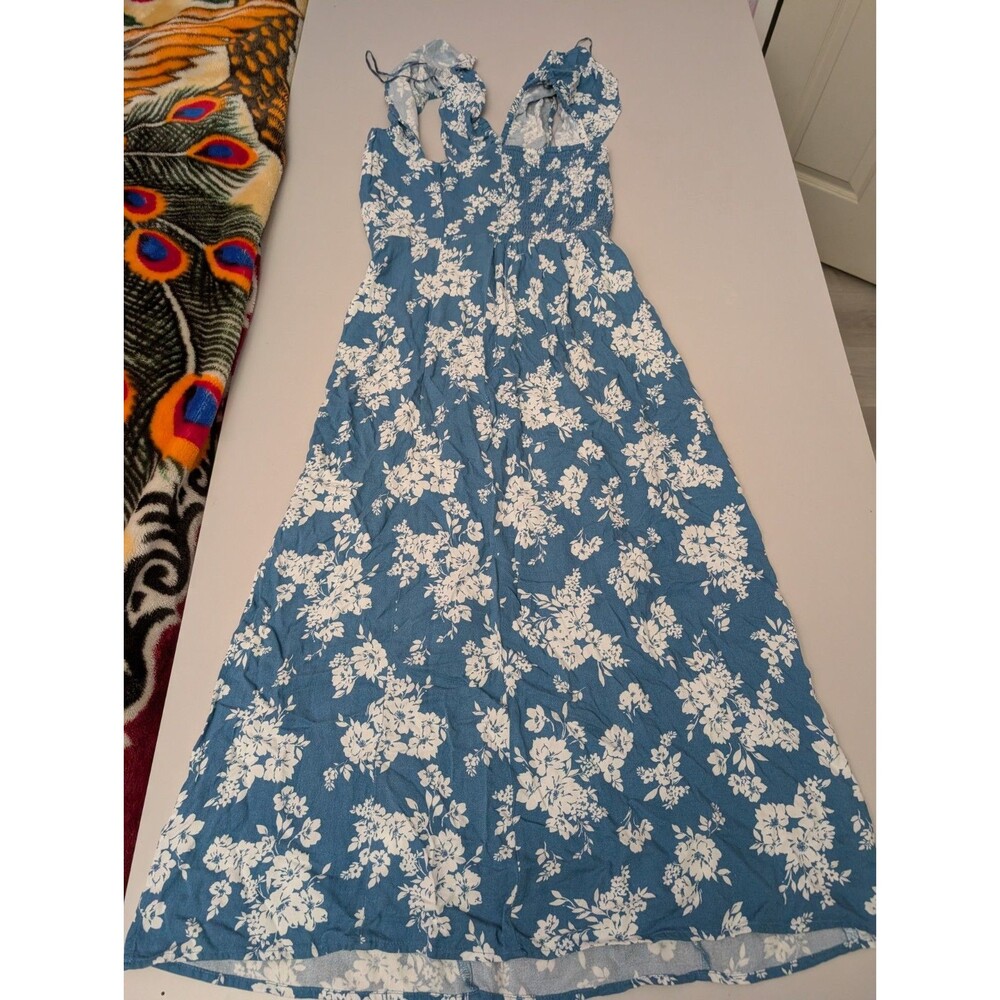 Old Navy Flutter Sleeve Crepe Midi Dress XS Tall Floral Blue White Slit FLAW